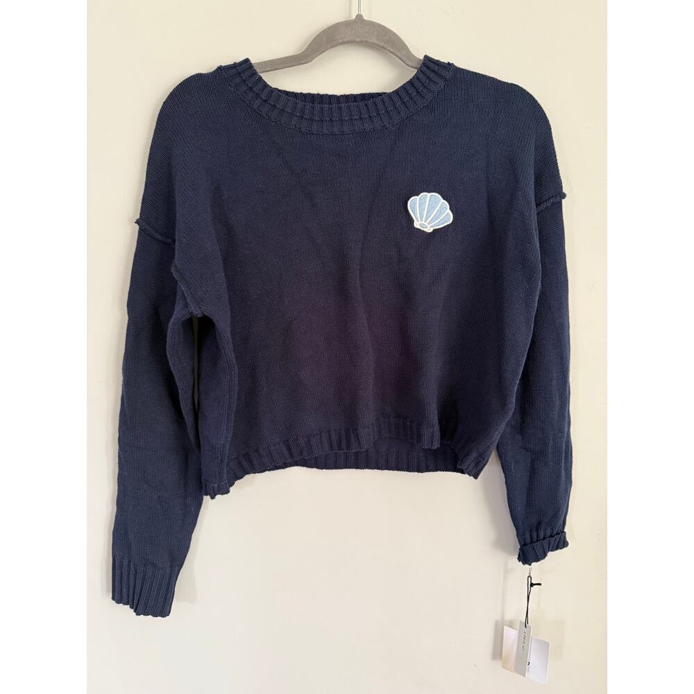 Happily Grey Catch me by the Sea Navy Cropped Sweater with seashell, XS NWT